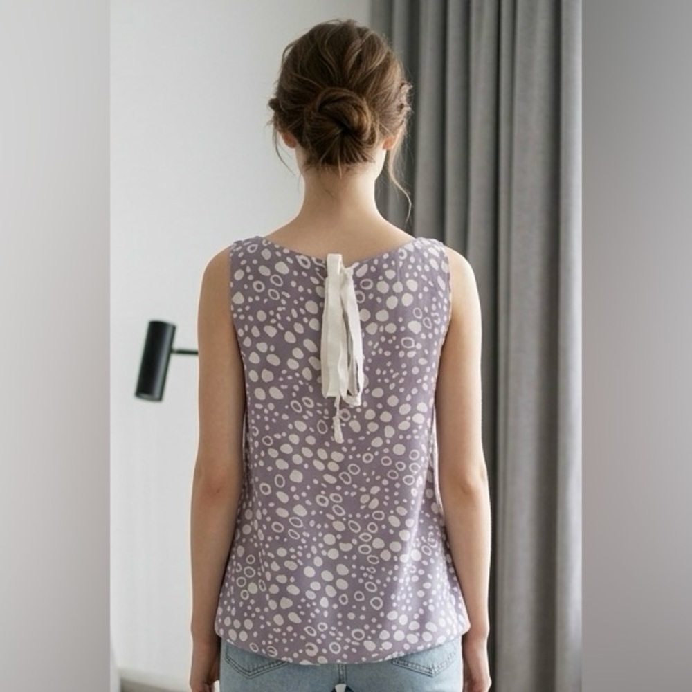 LOFT Lavender & White Abstract Dot Sleeveless Blouse with Back Tie Bow